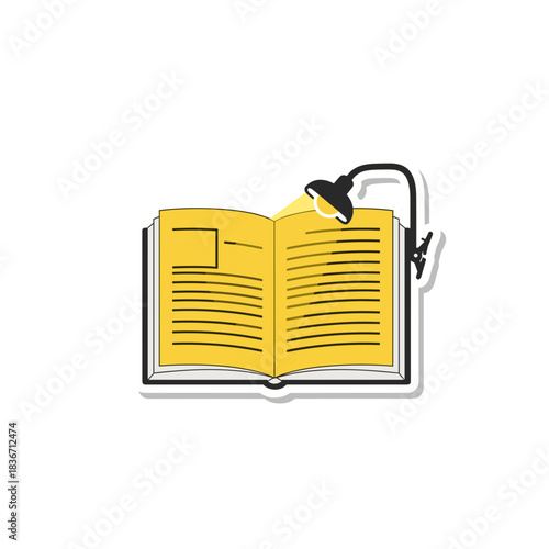 Open Yellow Book Illuminated by a Desk Lamp with Lined Pages and a Stylized Hand-Drawn Aesthetic on a Black Background