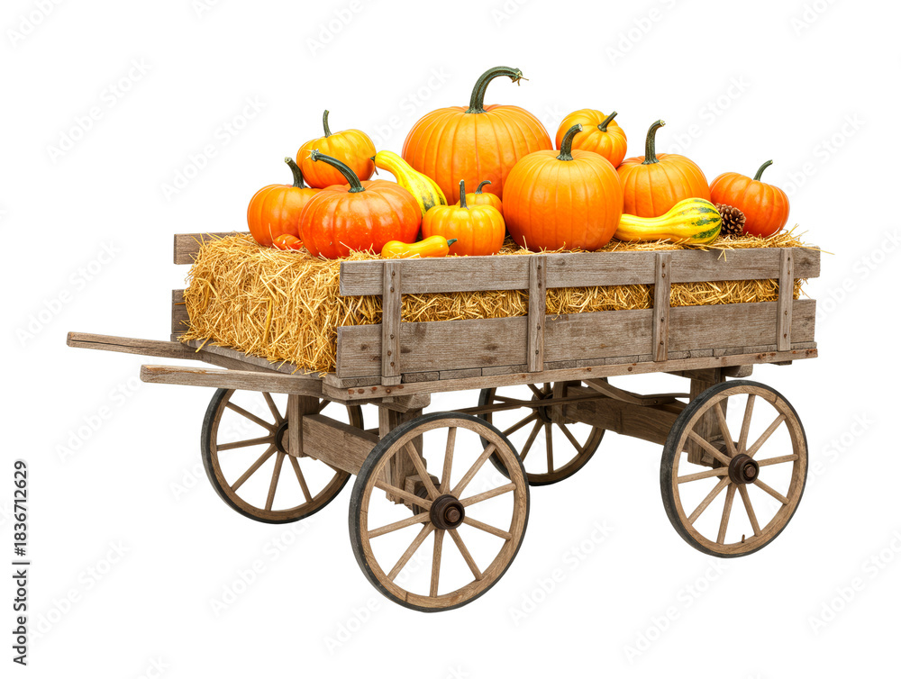 Fototapeta premium Rustic wooden wagon filled with vibrant orange pumpkins, colorful gourds, and golden hay, showcasing a festive autumn harvest display with warm, inviting light
