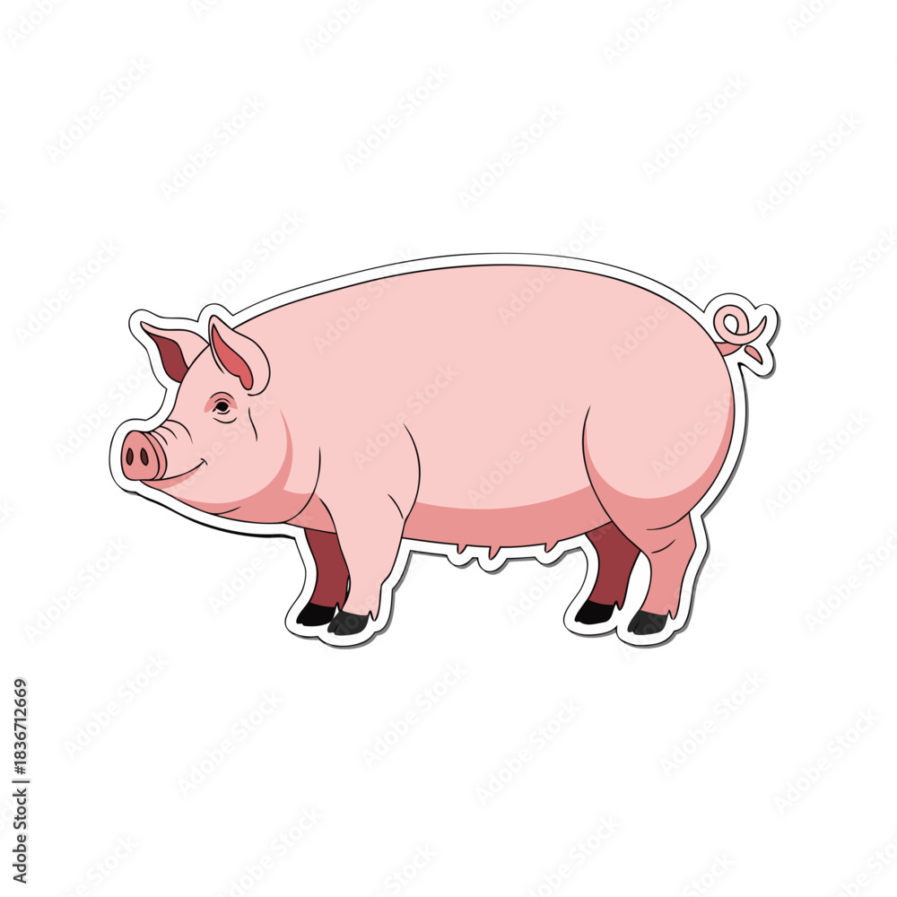 Fototapeta premium Pink Pig Standing Side Profile On Black Background Simple Flat Illustration