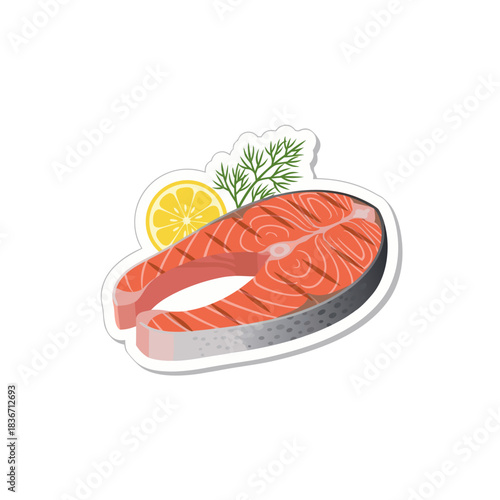Pink Salmon Steak With Grill Marks Garnished With Lemon Slice And Dill Herb On Black Background
