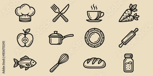Set of cutlery icon symbols. Fork, spoon, knife, plate, chef hat, and cloche or tray icon. Cutlery icon set in line and flat style. Dinnerware icon symbol.