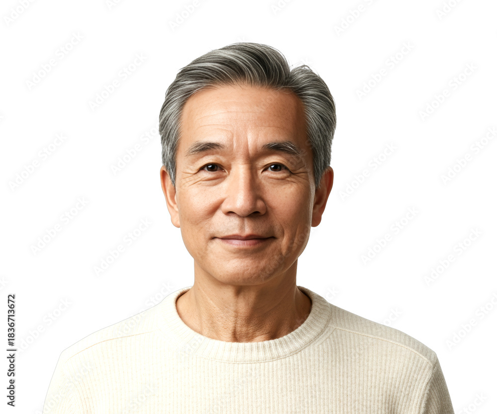 Obraz premium Older Asian man with grey hair smiles gently, looking directly at the camera with a calm and confident expression, wearing a light ribbed sweater