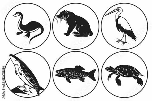 Monochrome Animal Emblems: Six distinct monochrome animal emblems, each encased in a circular frame, forming a visually appealing arrangement, depicting various wildlife species.