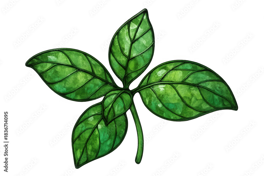 Fototapeta premium Green basil plant sprig with fresh leaves, watercolor drawing illustration on transparent background