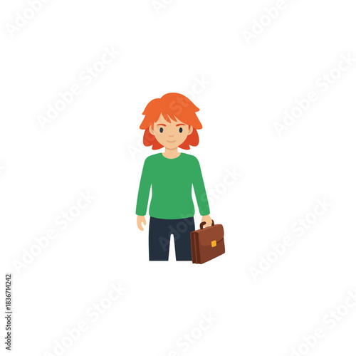 Red Haired Young Person Wearing Green Long Sleeve Shirt and Dark Pants Carrying a Brown Briefcase Against a Black Background