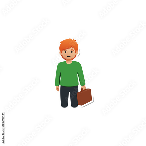 Red Haired Caucasian Man With Beard Wearing Green Long Sleeve Shirt and Dark Pants Holding a Brown Briefcase Standing Against Black Background Studio Lighting