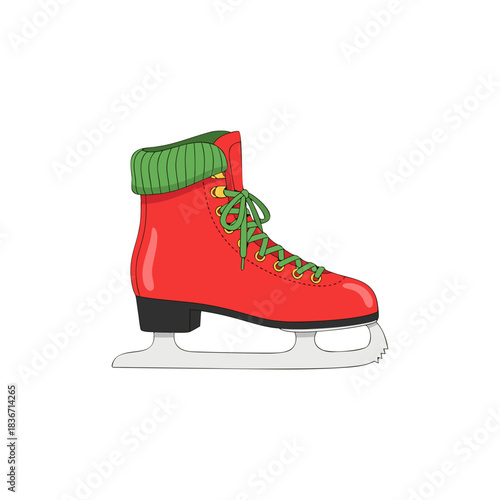 Red Ice Skate with Green Laces and Trim on Black Background Isolated Vector Illustration