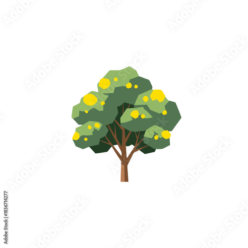 Pixel Art Lemon Tree Bearing Ripe Yellow Fruit Set Against a Stark Black Background
