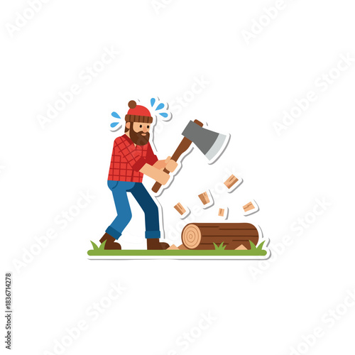 Pixel Art Lumberjack Chopping Wood With Axe In Forest Daytime Outdoor Activity Strength Manual Labor