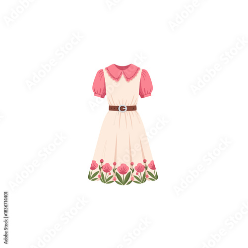 Pixel art vintage dress with pink floral embroidery and a brown belt detailed with a buckle on a plain background high quality 4k rendering