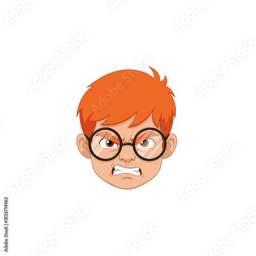Pixelated Cartoon Head of an Angry Young Boy with Orange Hair and Round Glasses Showing Gritted Teeth Against a Black Background