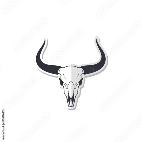 Pixelated illustration of a white bull skull with dark horns and a long snout set against a stark black background casting a subtle shadow creating a bold graphic statement