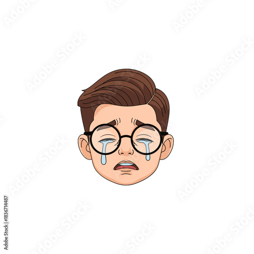Pixelated Illustration of a Young Person with Glasses Crying Tears of Sadness Against a Black Background