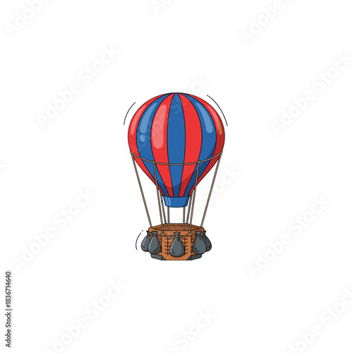 Red Blue Striped Hot Air Balloon with Wicker Basket Suspended Against a Stark Black Background Minimalist Design
