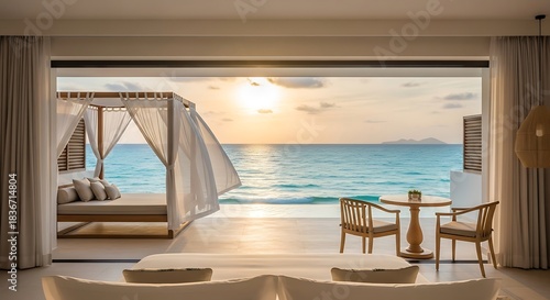 Scenic ocean view from a luxurious resort suite with canopy bed