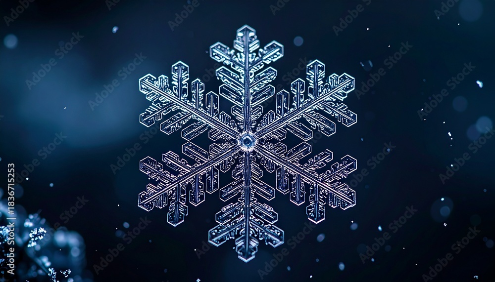 Fototapeta premium Stunning detailed snowflake with delicate icy pattern showcasing crisp winter beauty, elegant crystal symmetry representing cold seasonal wonder in closeup macro frozen scene