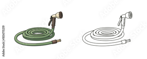 Vector illustration of an isolated cartoon coiled garden hose with a spray nozzle, presented in two styles: colored and black outline