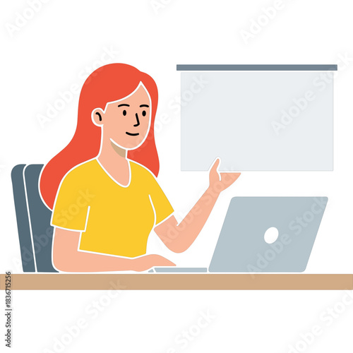 Red Haired Woman In Yellow Shirt Sits At Desk Holding White Blank Screen Above Laptop With Determined Expression Business Meeting Presentation