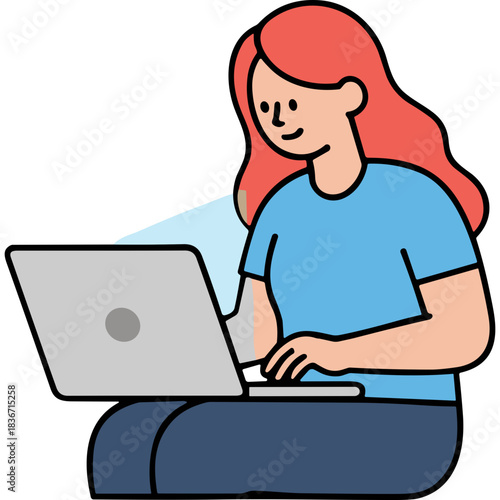 Red Haired Woman Wearing Blue T Shirt And Dark Blue Pants Sitting And Typing On A Silver Laptop With A Light Blue Background