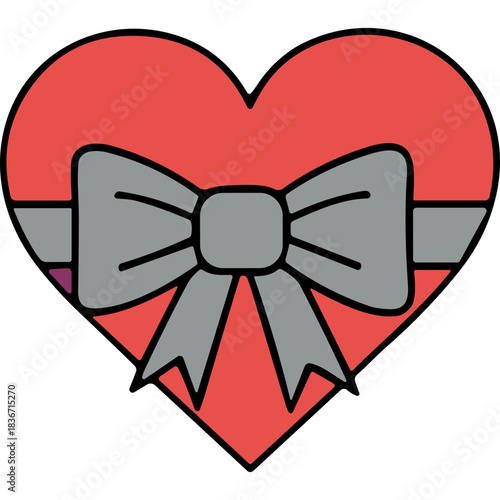 Red Heart Shape Gift Box With Gray Bow Tie And Ribbon For Valentines Day Or Mothers Day Celebration On Black Background With Subtle Purple Detail