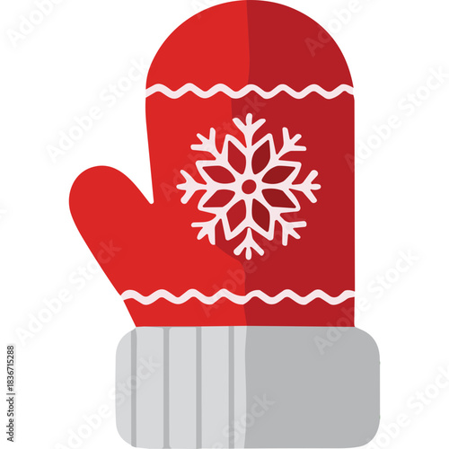 Red Knitted Mitten With Snowflake Pattern and Gray Cuff Detailed Vector Illustration Winter Clothing Accessory Isolated on White Background