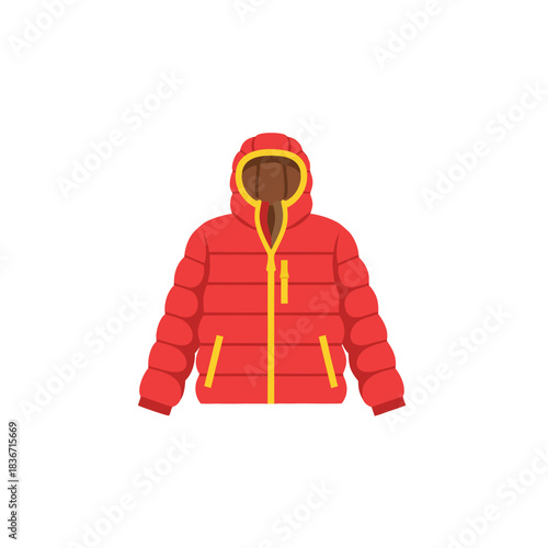 Red Puffer Jacket With Yellow Zipper and Hood Front View Isolated On Black Background Warm Winter Clothing Casual Outerwear Fashion Style Outerwear