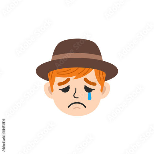 Sad Face Wearing Hat with Tears Crying Emotion Feeling Sorrowful Isolated on Black Background