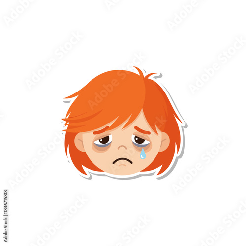 Sad Red Haired Girl Crying With Tears And Dark Under Eyes Showing Distress And Unhappiness In A Simple Cartoon Style Isolated On Black Background
