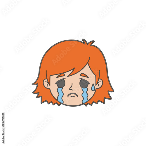 Sad Woman With Orange Hair Crying Blue Tears Against A Black Background Expressing Grief And Sadness Simple Cartoon Style Isolated Illustration.