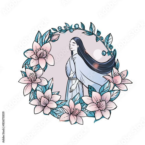 Serene Woman With Flowing Blue Hair Amidst Pink and Blue Floral Wreath With Soft Light And Gentle Breeze Creating A Tranquil Aura