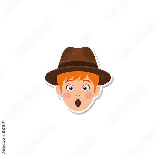 Shocked Young Boy Wearing A Brown Fedora Hat With Wide Eyes And Open Mouth Expressing Surprise Against A Black Background Simple Flat Design Illustration