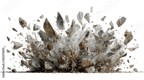 Rock explosion with debris flying up, showing impact, destruction, and breaking stone on transparent background