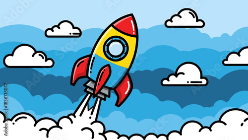 Colorful cartoon rocket launching into blue sky, rising through clouds. Startup, business growth, space travel concept.