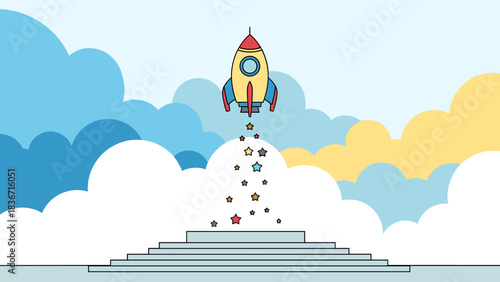 Rocket Launch from Stairs with Star Trail, Business Startup Growth & Success Concept. Flat Vector Illustration.