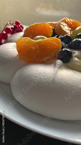 Close-up of a Pavlova meringue dessert topped with creamy filling and fresh berries, including red currants, blueberries and citrus slices. Bright directional light enhances textures and colors.