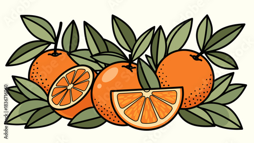 Fresh Citrus Oranges with Green Leaves and Juicy Slices Illustration
