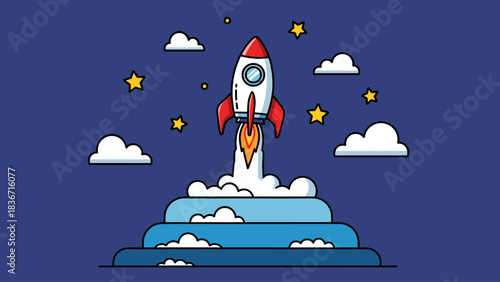 Rocket Launching into Starry Night Sky. Startup, Business Innovation, Space Exploration, and Project Development Concept