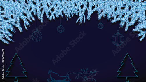 Minimalist Winter Holiday Scene with Pine Branches, Ornaments, Neon Christmas Trees, and Reindeer Sleigh, Christmas Background