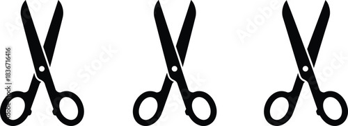 Set of black scissor icons, simple vector illustration of scissors tool for cutting, stationery, hairdressing, sewing, education, and design isolated on white background