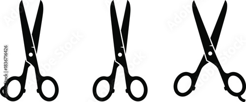 Set of black scissor silhouettes, vector illustration of sharp cutting tools for hairdressing, sewing, office, and craft design isolated on white background