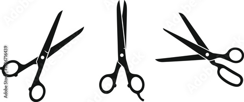 Set of black scissor icons, vector illustration of open and closed scissors for cutting, sewing, hairdressing, and office design isolated on white background