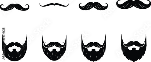 Set of black silhouettes of hipster mustache and beard styles, different shapes and growth for barbershop logos, isolated on a white background, editable vector