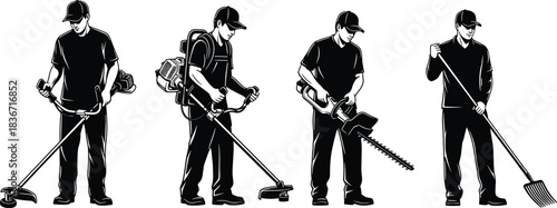 Set of Landscaping Gardener Workers Silhouettes Using Trimmer, Hedge Clipper, and Rake Vector Illustration Collection for Lawn Care and Maintenance Graphics