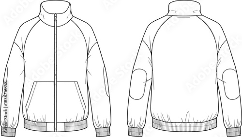 Technical flat sketch of a zip-up bomber jacket or track jacket with raglan sleeves, rib-knit trims, elbow patches, and front patch pockets, CAD drawing vector illustration.