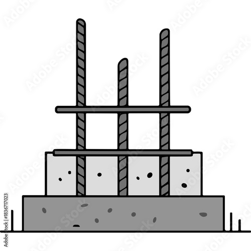 Reinforced Concrete Foundation Showing Steel Rebar Embedded in Concrete Blocks on Gray Base Against Black Background Simple Illustration