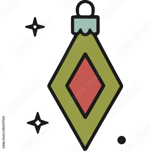 Retro Diamond Shaped Christmas Ornament with Red Center and Teal Cap on Black Background with Sparkles