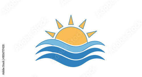 Stylized Sun Rising Over Ocean Waves Graphic Illustration.