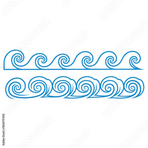 Stylized Blue Ocean Waves Pattern Border Graphic Design Element on Black Background with Swirling Spiral Motifs representing Sea Water Motion