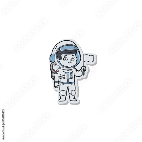 Stylized Cartoon Astronaut Holding a Small White Flag in Space Adventure Costume with Helmet and Backpack on a Black Background Retro Pixel Art Style