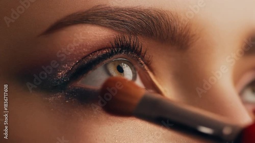 Close-up of a woman's eye with shimmering eyeshadow being applied by a makeup brush, highlighting beauty and application techniques